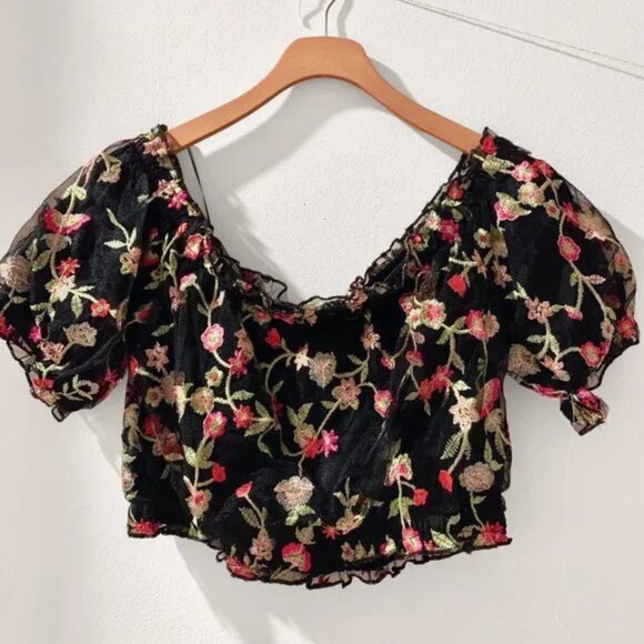 Forever 21 Floral Embroidered Black Mesh Ruffle Trim Off-The-Shoulder Crop Top - Picture 4 of 4